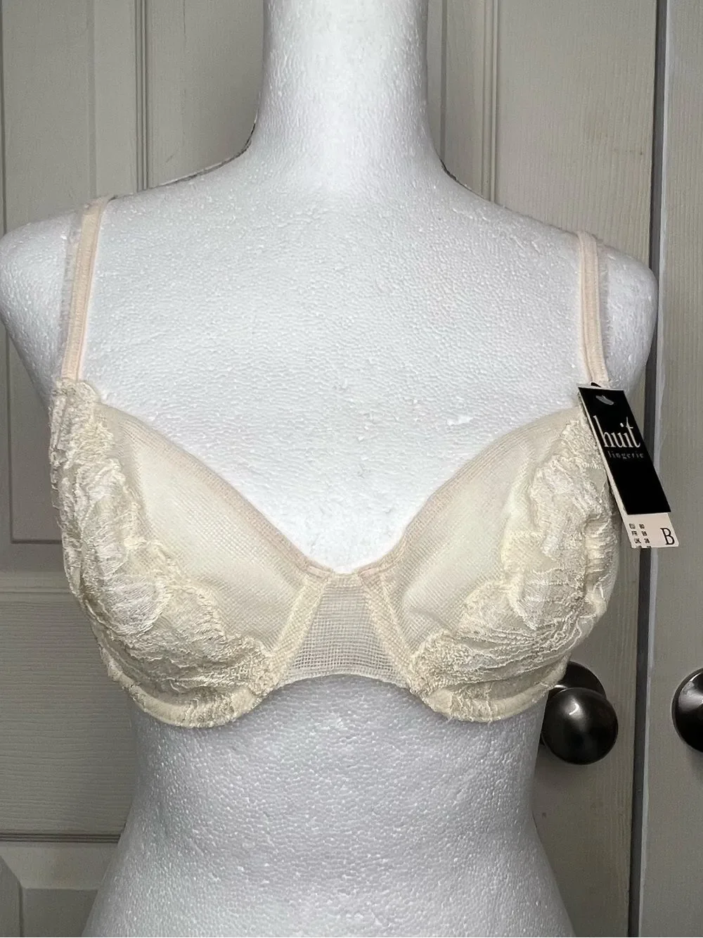New Huit Cream Lace Mesh Underwire Coquette Bra Sz 36B